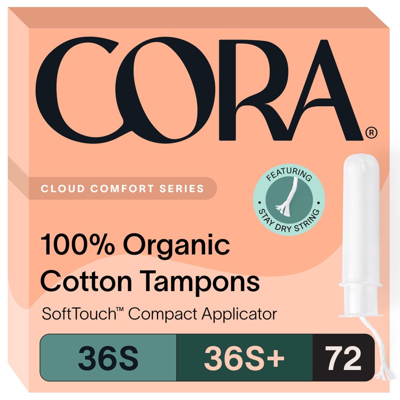 Cora Organic Applicator Tampon Multipack 36 Super 36 Super Plus Absorbency 100 Organic Cotton Unscented BPAFree Compact Applicator Leak Protection Easy Insertion NonToxic 72 Total